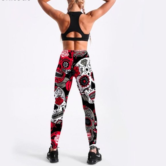 Skull & Flower Black Digital Print Leggings - Picture 2 of 4